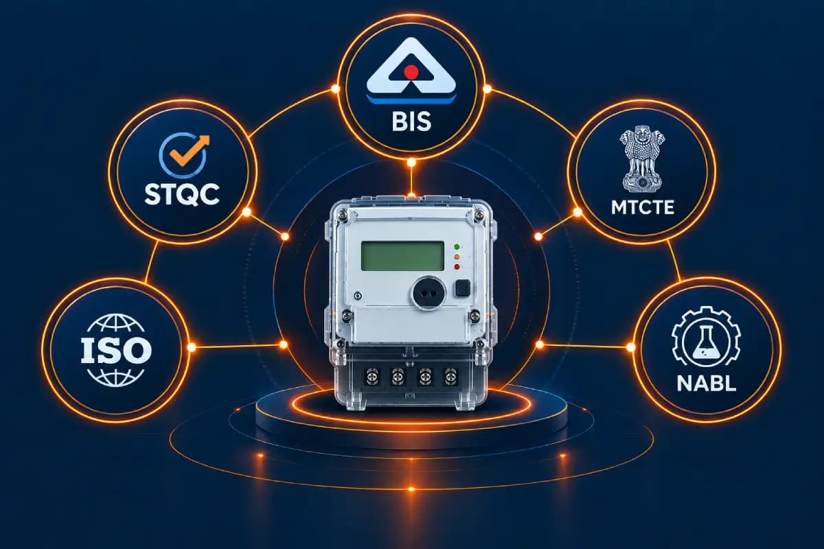 Smart energy meter certifications including BIS, STQC, MTCTE, and ISO standards