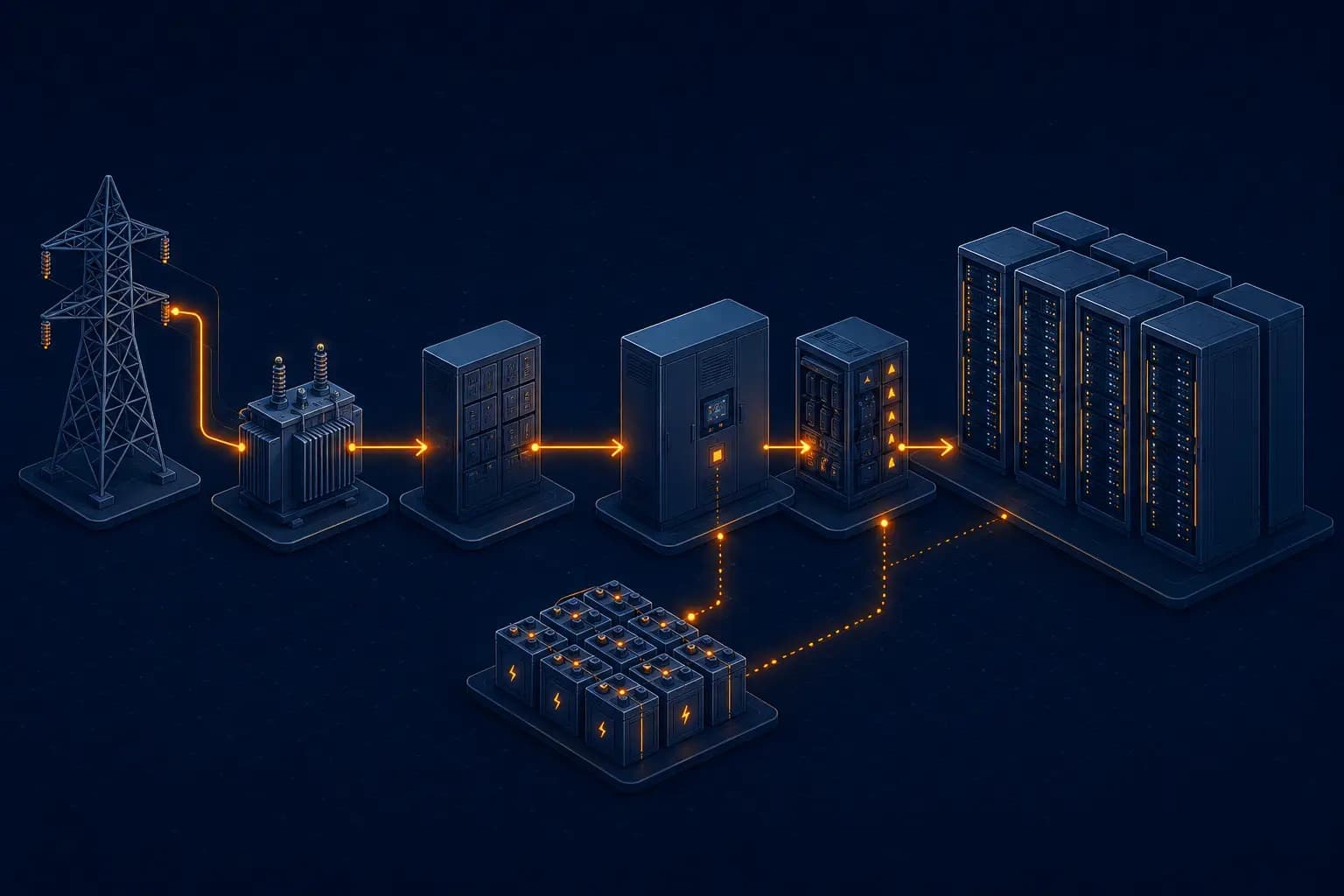 Data centre power infrastructure with UPS and conversion feeding server racks