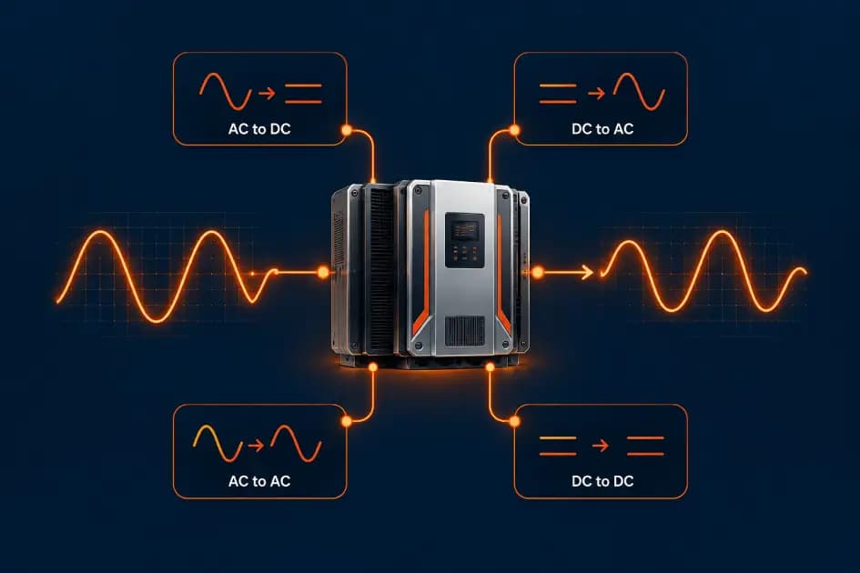 Static converter types showing AC to DC, DC to AC, and frequency conversion