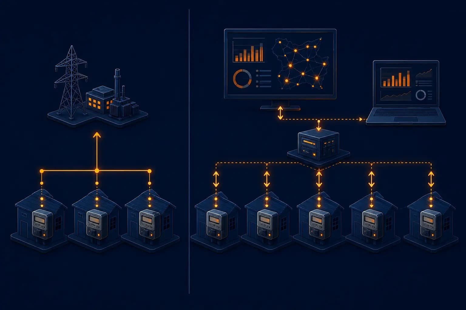 AMR vs AMI comparison showing one-way versus two-way meter communication