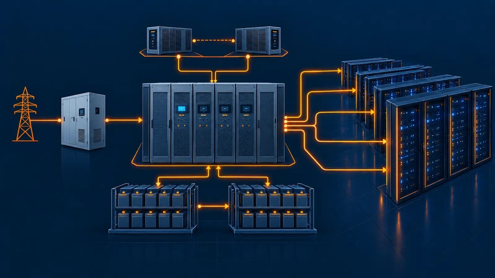 Online double-conversion data centre UPS with N+1 redundancy feeding server racks