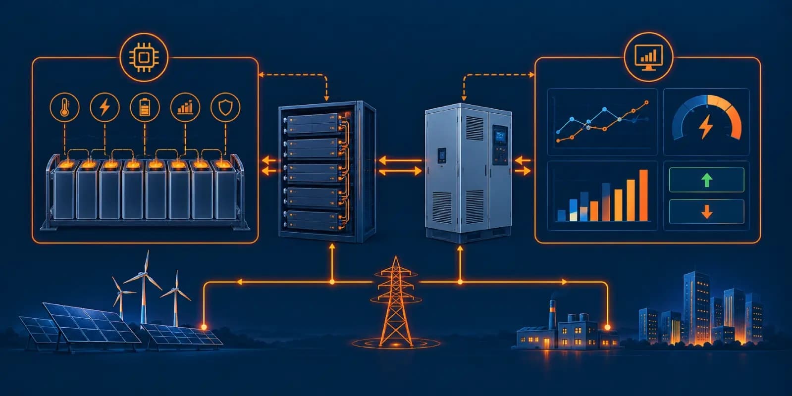 EMS vs BMS showing the energy management system and battery management system in a BESS