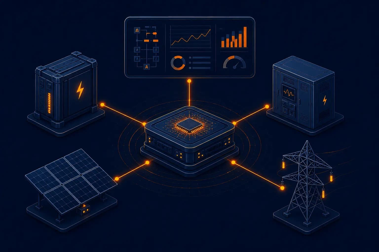 Energy management system coordinating battery storage, converters, solar, and the grid
