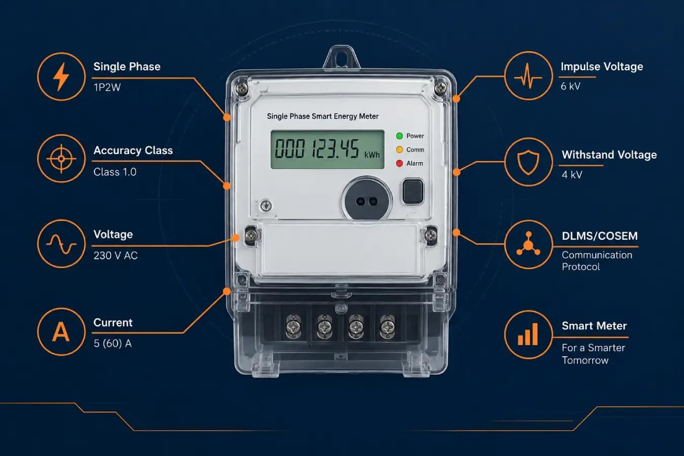 Smart energy meter specifications including accuracy class, surge withstand, and communication