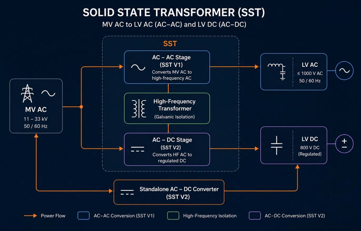 Solid State Transformer architecture: MV AC through an AC-AC stage, high-frequency isolation transformer and AC-DC stage to LV AC and LV DC outputs, with a standalone AC-DC converter.